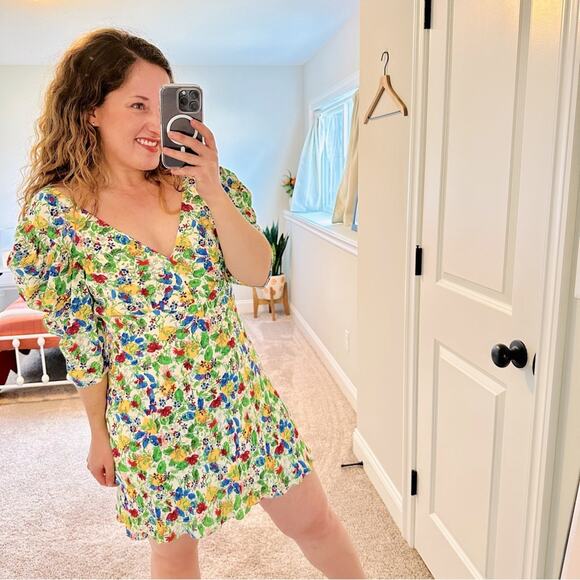 Saloni Floral Lemon Mini Dress 8 - Picture 1 of 16
